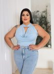 cropped top feminino decote choker frente Única moda verão plus size