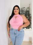 cropped top feminino decote choker frente Única moda verão plus size
