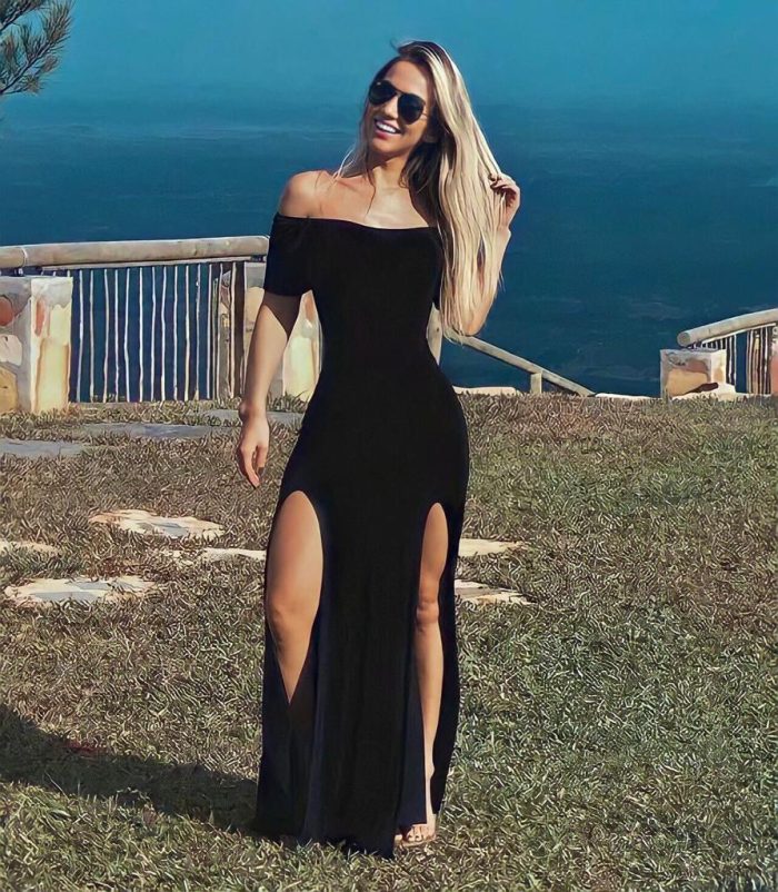 vestido feminino ombro a ombro duas fendas manga curta slim