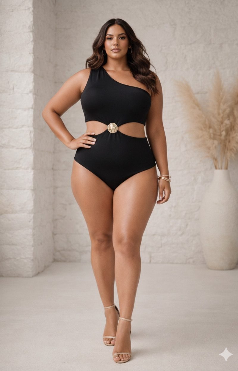 body decotado feminino manga nula com detalhe fivela premium vermelho plus