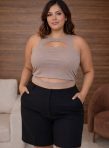 cropped celina com decote frontal abertura na barriga com alça fina premium preto plus