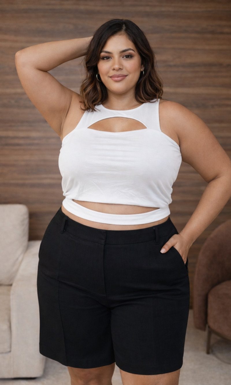 cropped celina com decote frontal abertura na barriga com alça fina premium preto plus