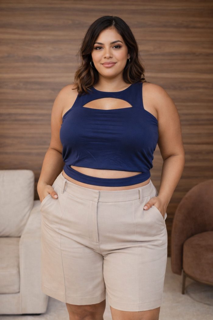 cropped celina com decote frontal abertura na barriga com alça fina premium preto plus