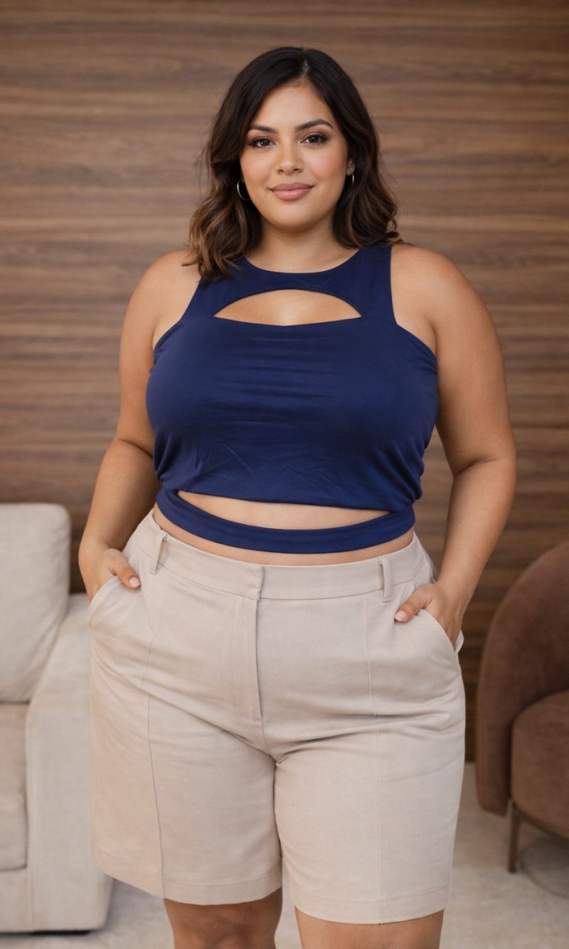 cropped celina com decote frontal abertura na barriga com alça fina premium preto plus