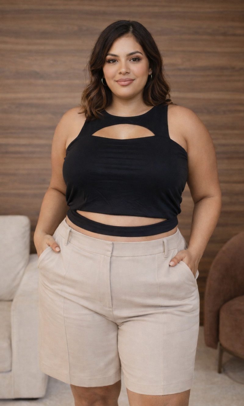 cropped celina com decote frontal abertura na barriga com alça fina premium preto plus