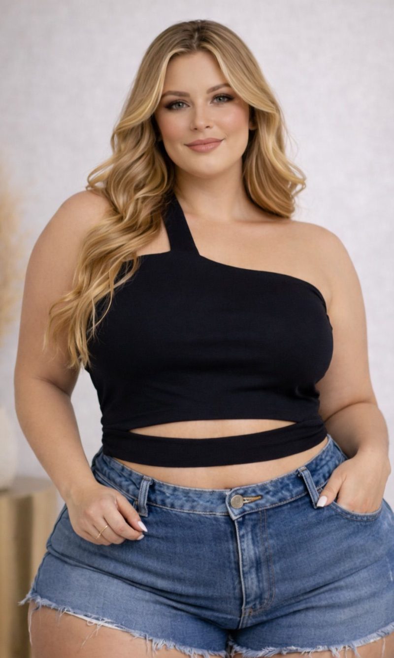 cropped nina decote transversal com abertura na cintura premium preto plus